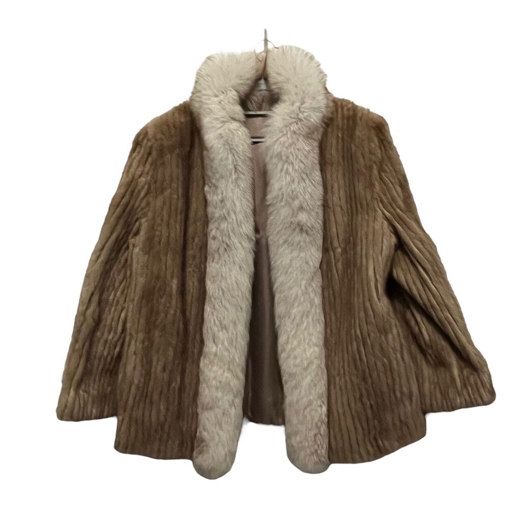 Corded Mink Fox Trim Fur Coat Vintage Silk Lined Custom Womens M/L Tuxedo Collar